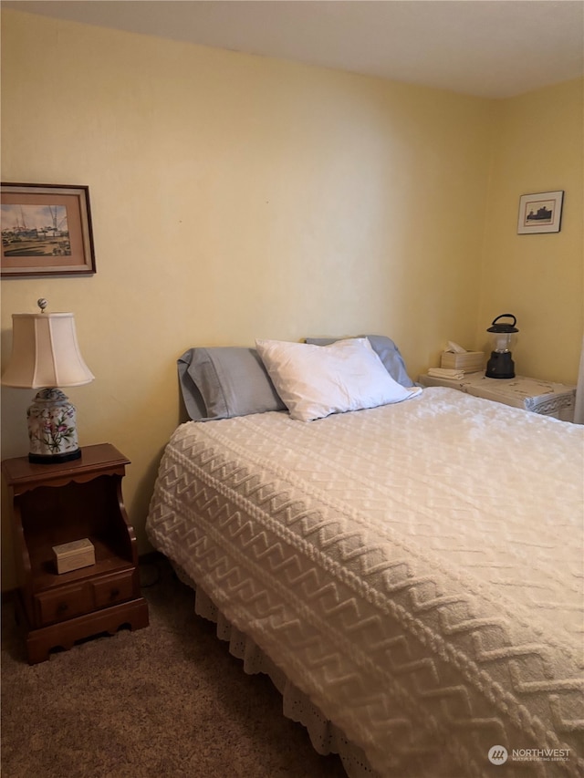 bedroom featuring dark colored carpet