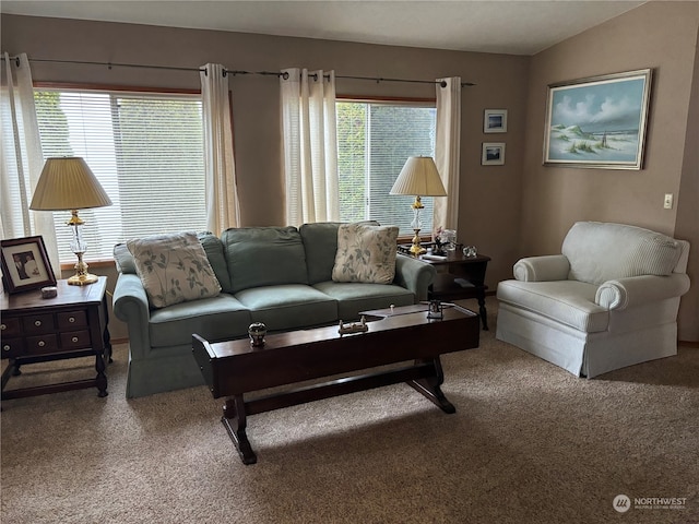 carpeted living room featuring lofted ceiling