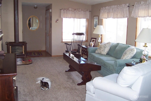 living room with a wood stove and carpet floors