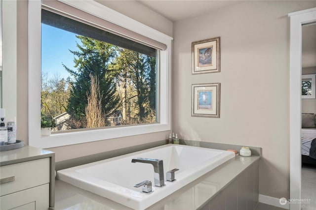 bathroom featuring vanity, a washtub, and a healthy amount of sunlight