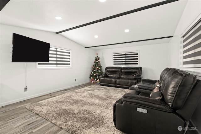 living room with wood-type flooring and vaulted ceiling