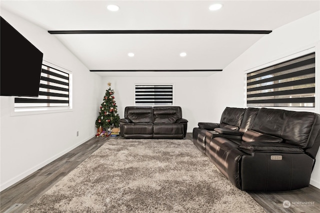 living room with dark hardwood / wood-style flooring and vaulted ceiling