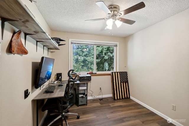 office space with dark hardwood / wood-style floors, ceiling fan, and a textured ceiling