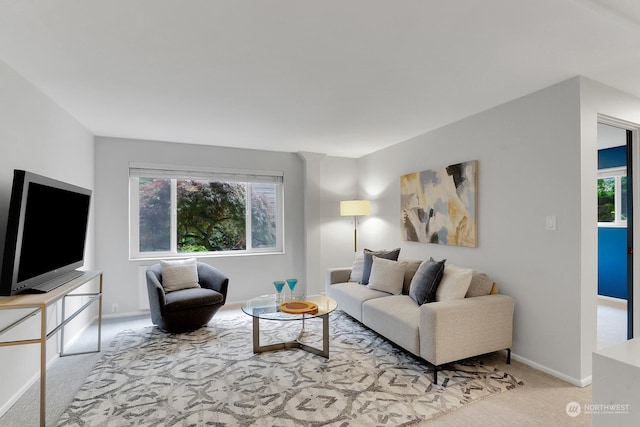 living room with light carpet and plenty of natural light