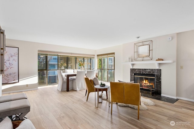 living room featuring a fireplace and light hardwood / wood-style flooring