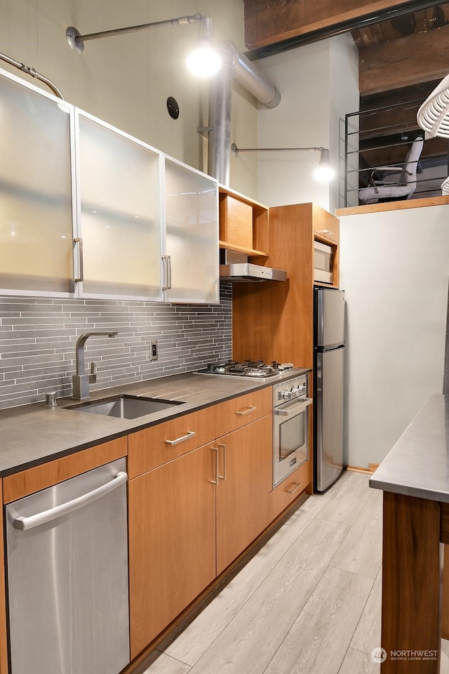 kitchen featuring backsplash, sink, light wood-type flooring, appliances with stainless steel finishes, and extractor fan