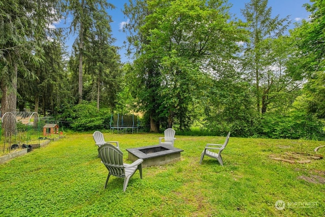 view of yard with a trampoline and an outdoor fire pit