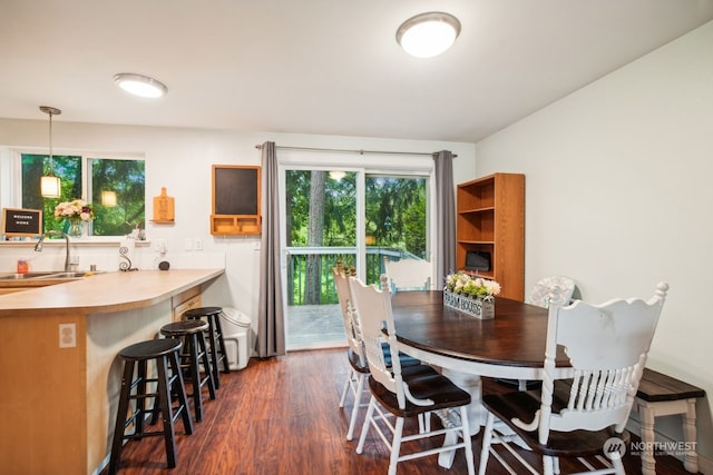 dining space with dark hardwood / wood-style flooring and sink