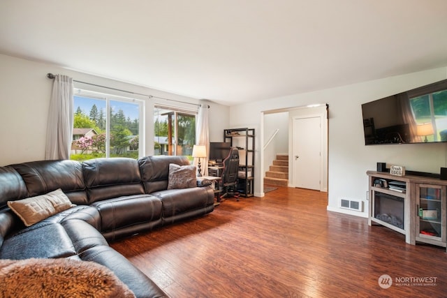 living room featuring dark wood-type flooring