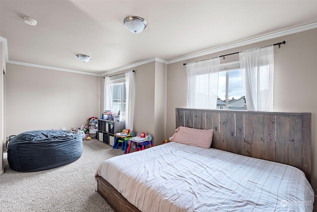 carpeted bedroom featuring ornamental molding