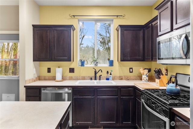 kitchen featuring appliances with stainless steel finishes, dark brown cabinets, and sink