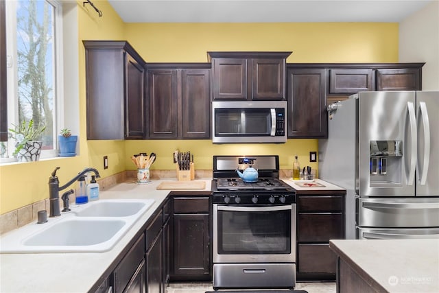 kitchen featuring sink, stainless steel appliances, and dark brown cabinets