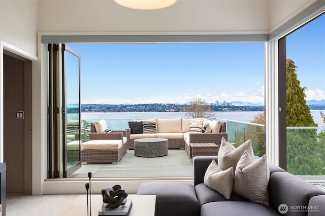 sunroom featuring a water view and a wealth of natural light