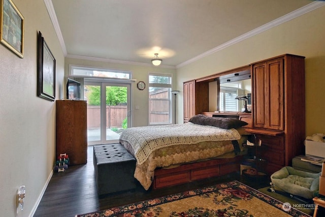 bedroom with dark hardwood / wood-style floors, crown molding, and access to outside