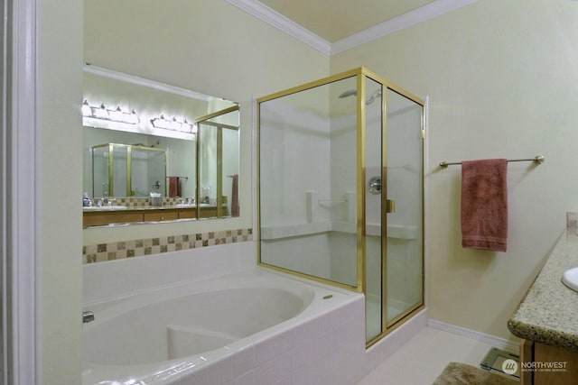 bathroom featuring vanity, independent shower and bath, and crown molding