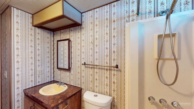 bathroom featuring vanity, a textured ceiling, and toilet