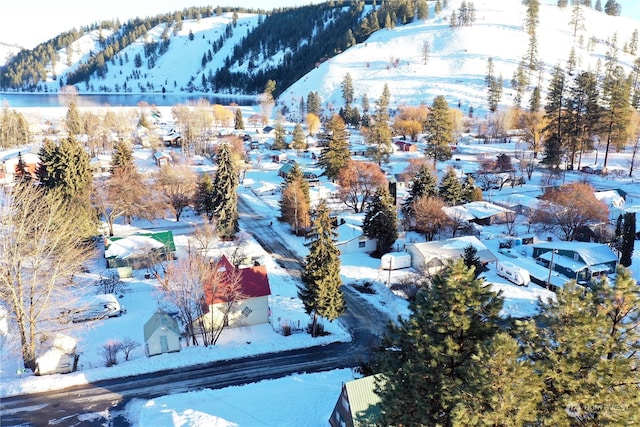 snowy aerial view with a mountain view