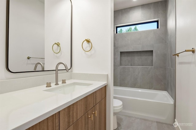 full bathroom with vanity, shower / washtub combination, tile patterned floors, and toilet