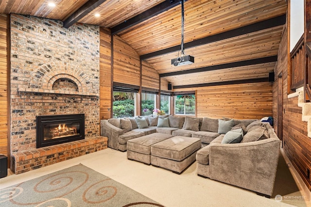 living room with beam ceiling, wooden ceiling, a brick fireplace, high vaulted ceiling, and wood walls