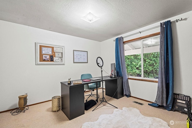 office area featuring light carpet and a textured ceiling