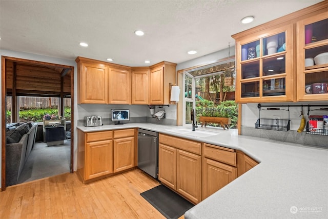 kitchen with stainless steel dishwasher, sink, and light hardwood / wood-style flooring