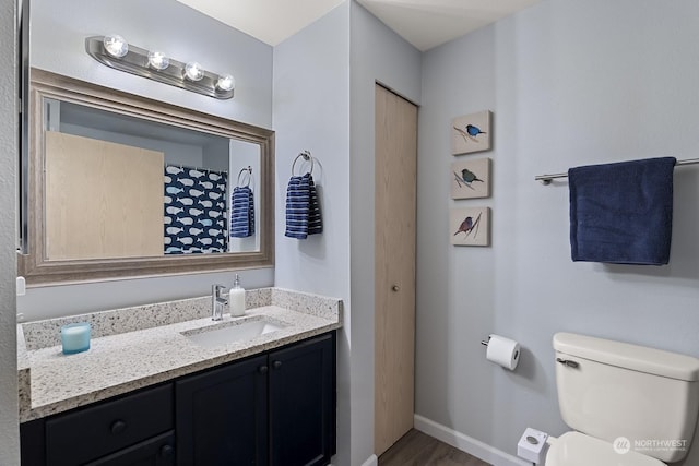 bathroom with vanity, toilet, and wood-type flooring