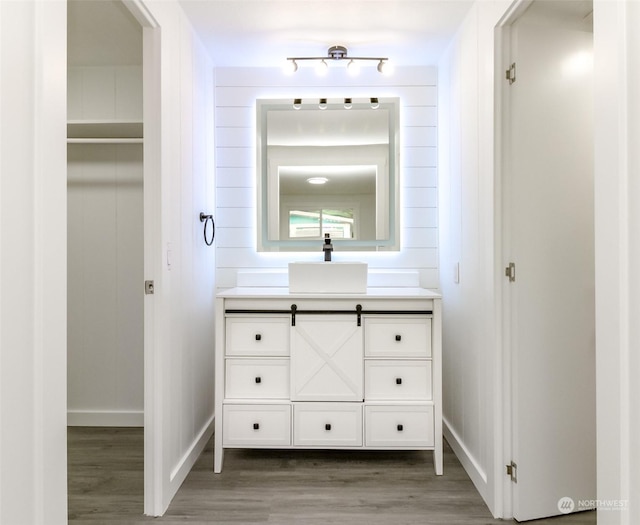 bathroom featuring wooden walls, vanity, and wood-type flooring