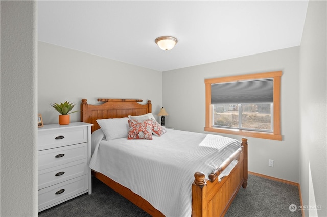 bedroom with dark colored carpet