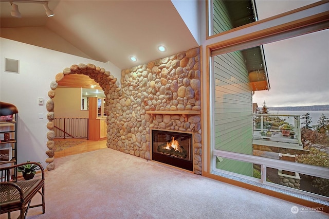 living room with a stone fireplace, rail lighting, vaulted ceiling, carpet flooring, and a wealth of natural light