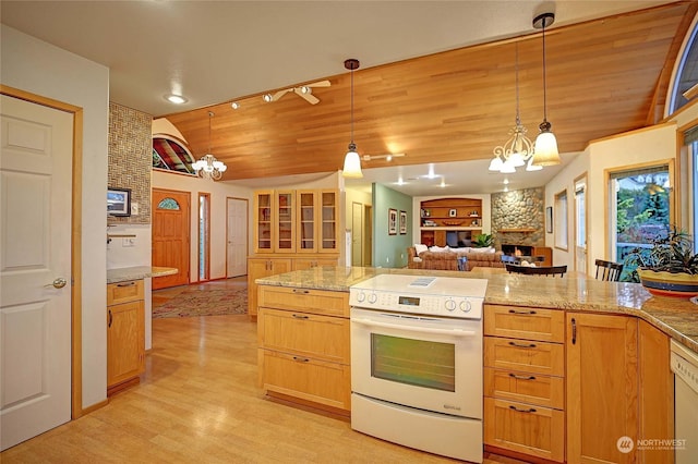 kitchen featuring white range with electric stovetop, wooden ceiling, hanging light fixtures, and a notable chandelier