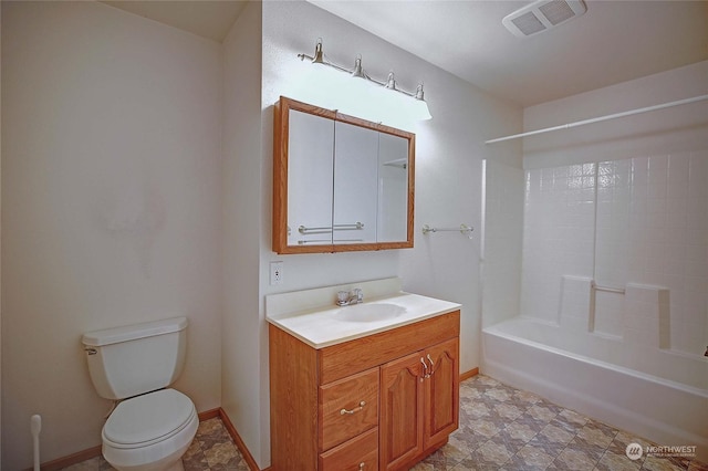 full bathroom with vanity, bathing tub / shower combination, and toilet