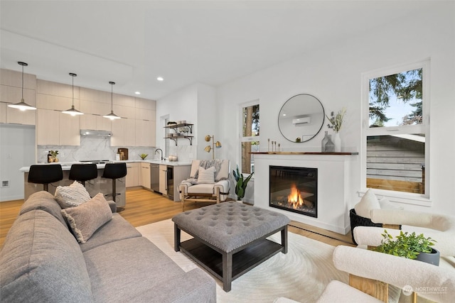 living room featuring sink and light hardwood / wood-style floors