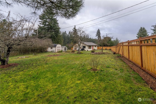 view of yard featuring a storage shed