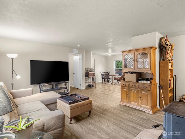 living room with light hardwood / wood-style flooring and a textured ceiling