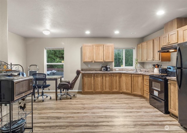 kitchen with a wealth of natural light, black appliances, and light hardwood / wood-style floors