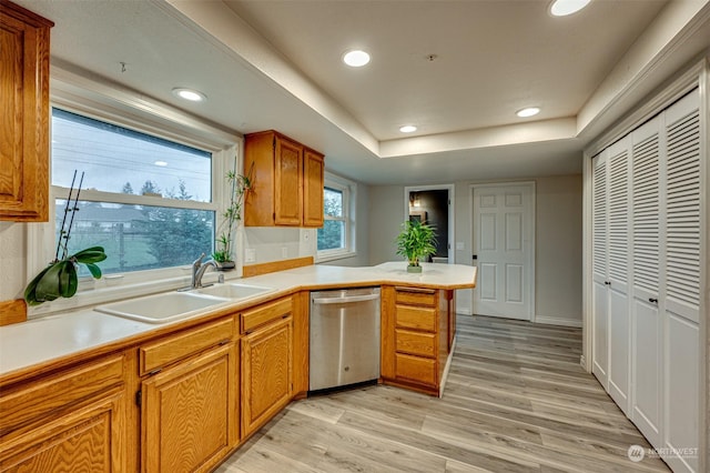 kitchen with sink, light hardwood / wood-style flooring, stainless steel dishwasher, a tray ceiling, and kitchen peninsula