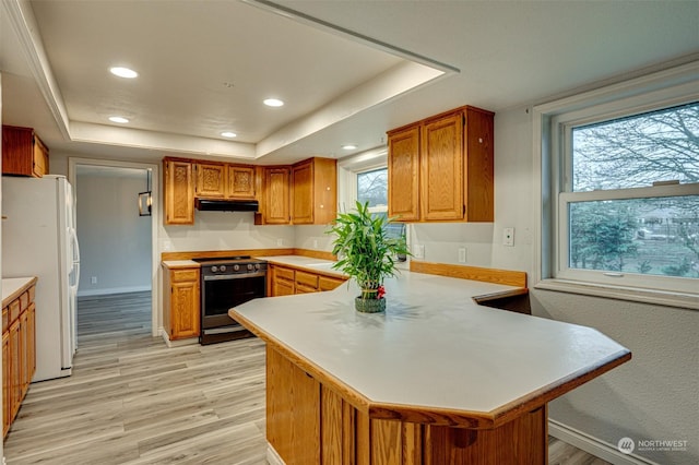 kitchen with a raised ceiling, kitchen peninsula, range with electric cooktop, and white refrigerator