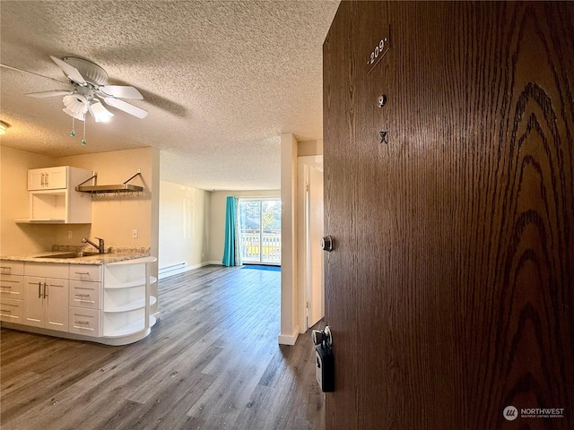 kitchen featuring ceiling fan, sink, hardwood / wood-style floors, a textured ceiling, and white cabinets