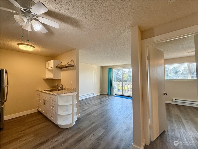 kitchen featuring white cabinetry, sink, a baseboard radiator, and dark wood-type flooring