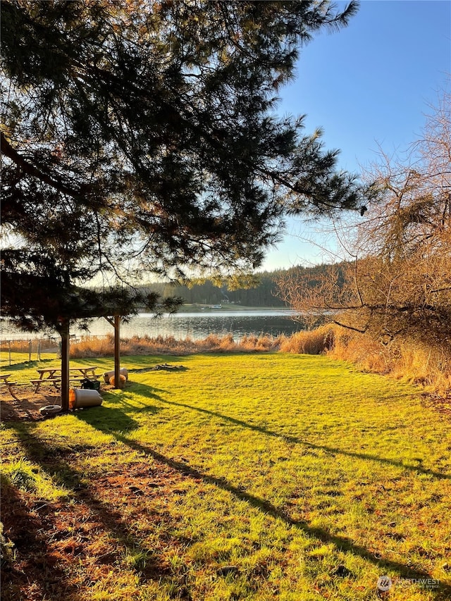 surrounding community featuring a lawn and a water view