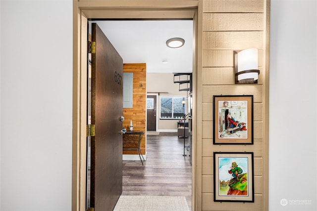 hall featuring dark wood-type flooring