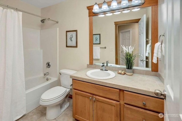 full bathroom featuring tile patterned flooring, vanity, shower / bath combination with curtain, and toilet