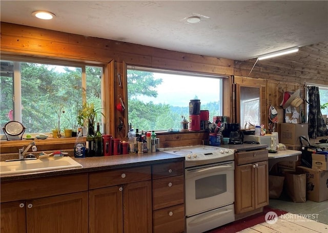 kitchen featuring white electric range oven, wooden walls, and sink