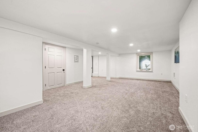 basement with recessed lighting, carpet, and baseboards