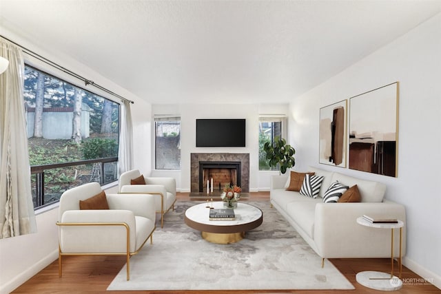 living room with a wealth of natural light and hardwood / wood-style floors