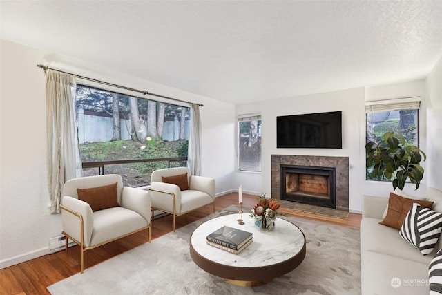 living room with hardwood / wood-style floors and a tile fireplace