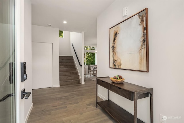 interior space with dark wood-type flooring