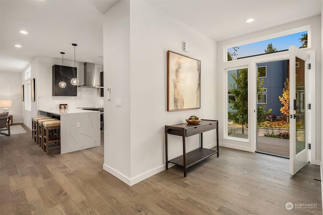 interior space featuring plenty of natural light and light hardwood / wood-style flooring