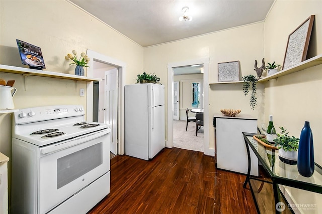 kitchen with white appliances, open shelves, and dark wood-type flooring