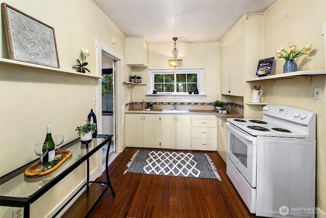 kitchen featuring dark wood-style floors, electric stove, a sink, and open shelves